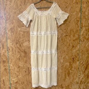Vintage Festival Cottagecore Peasant Cream Lace Crochet Trim Maxi Dress